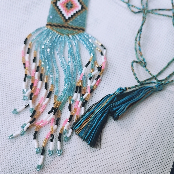 Light Blue Pink Black White Seed Bead Vintage Corded Slide Necklace Loom Work - Picture 7 of 12